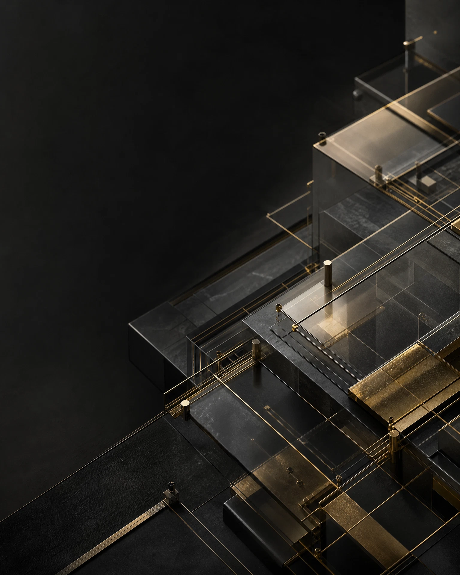 Abstract graphite glass and brass system architecture