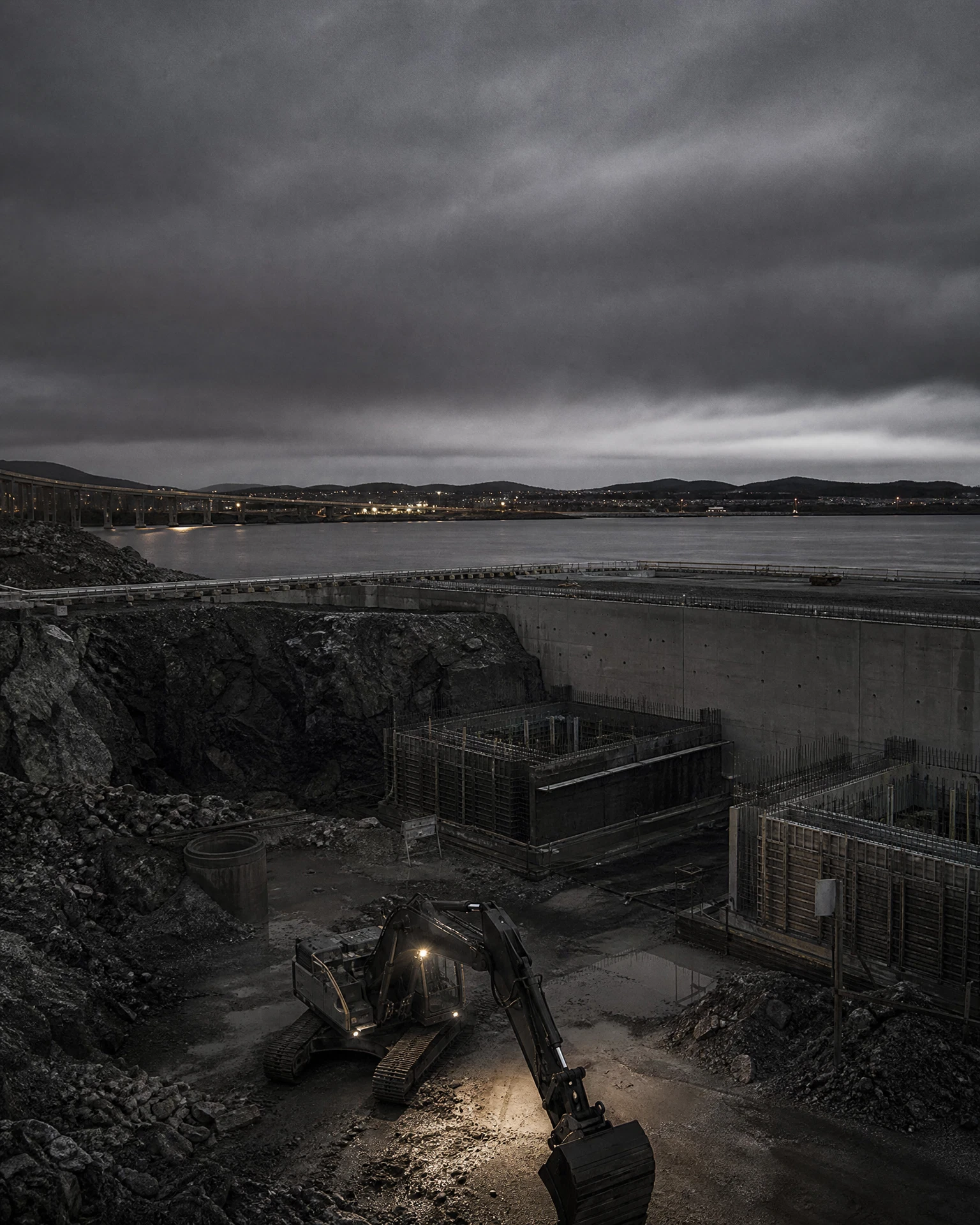 A civil infrastructure site at dusk