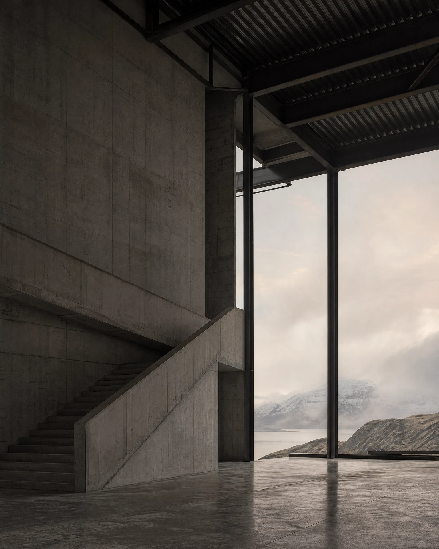 Monumental industrial architecture opening to a northern landscape