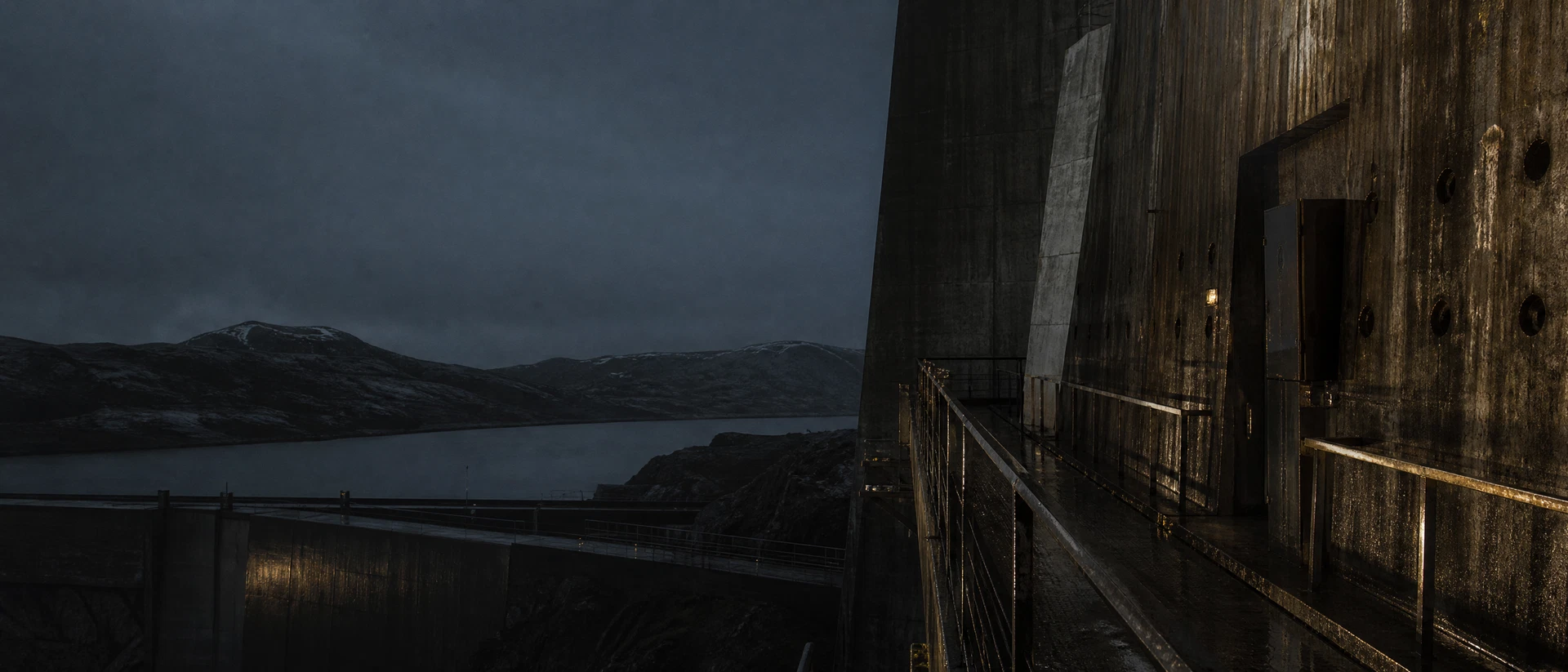 A rain-darkened Nordic concrete and steel operating environment at blue hour